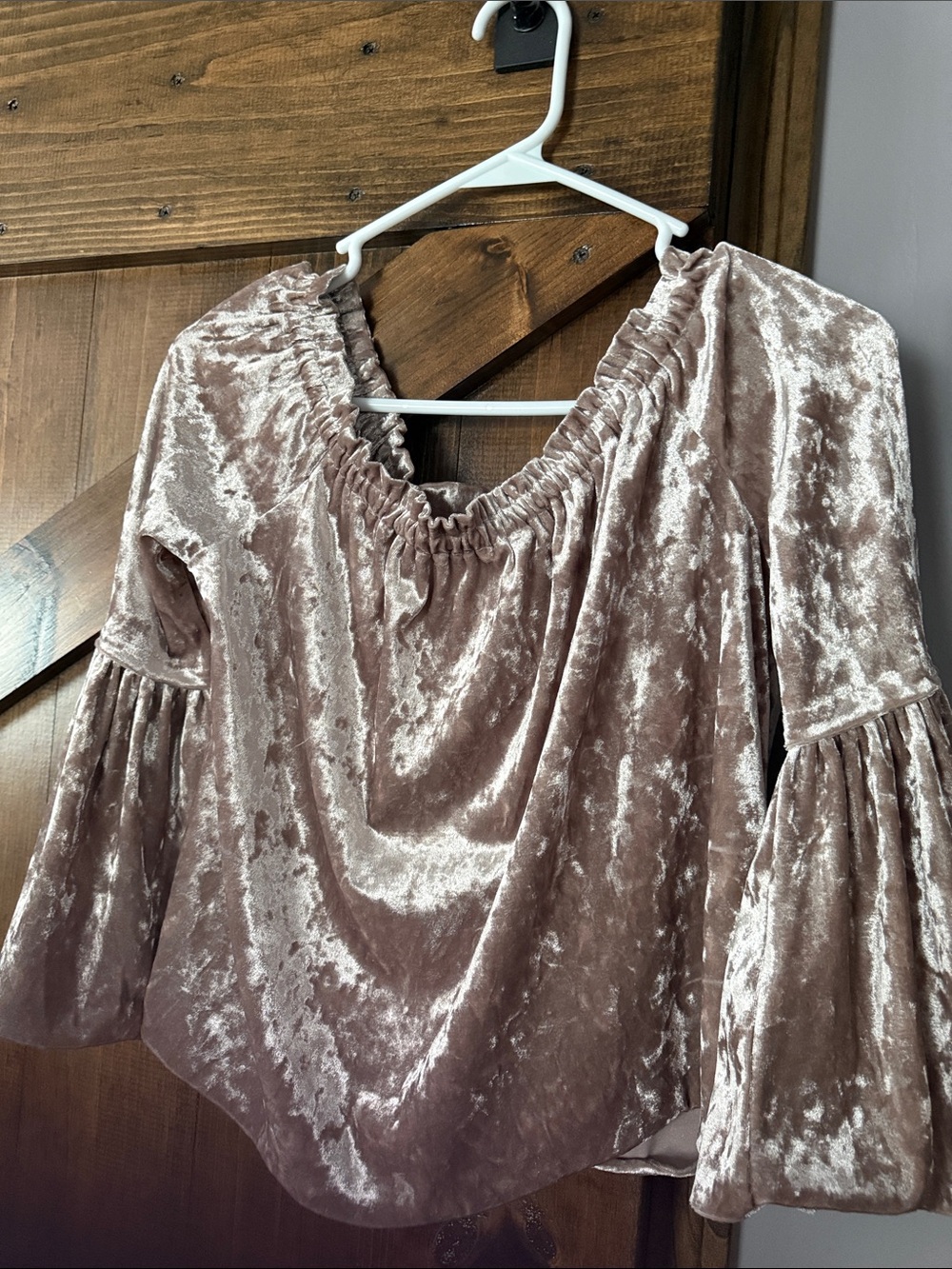 Altar'd State Blush Crushed Velvet Off-Shoulder Top